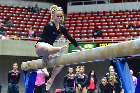 ISU gymnast Haylee Young on the balance beam.