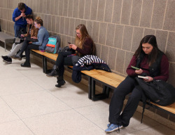 Students sit on benches in Carver Hall hallway