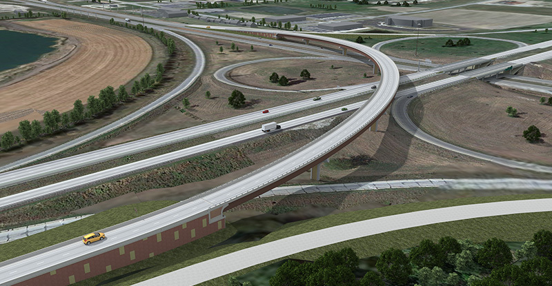 Aerial view of flyover ramp at I-35/30 interchange