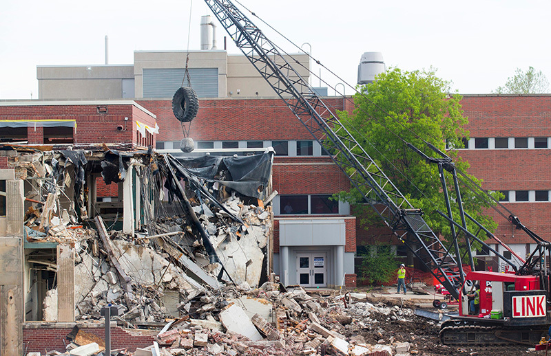 A wrecking ball is used to weaken the Nuclear Engineering Lab st