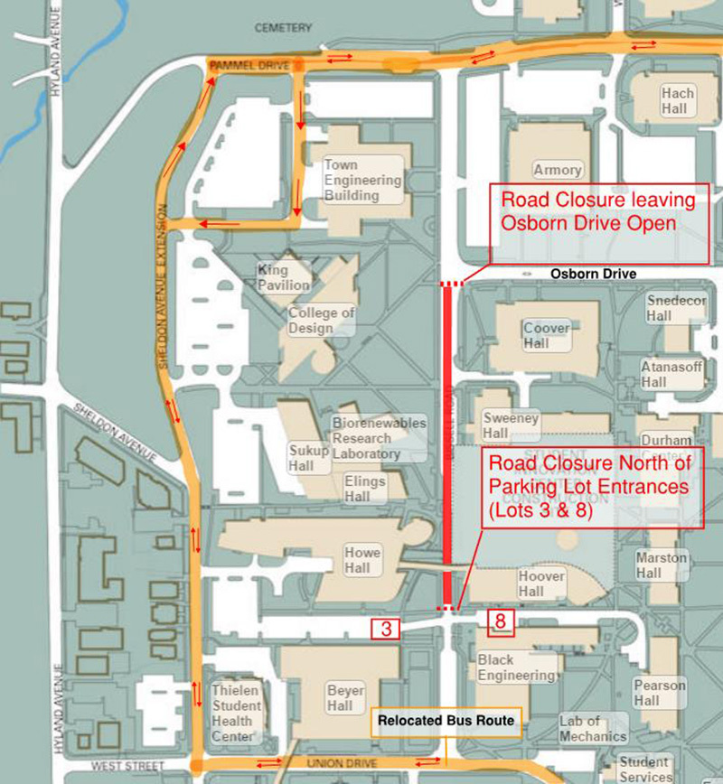 Campus map indicating road closure section
