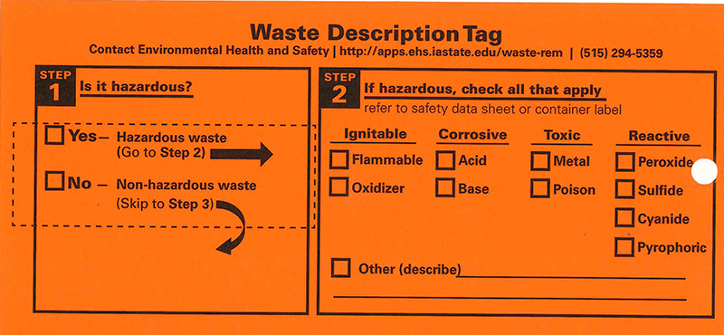 Front side of orange hazardous waste tag
