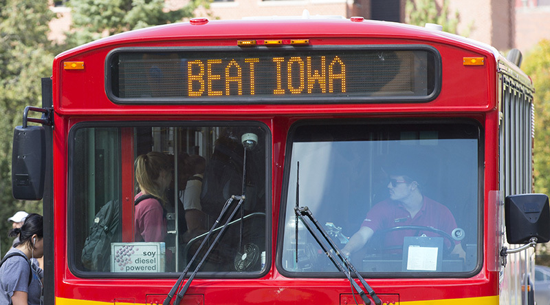 Beat Iowa sign on CyRide bus