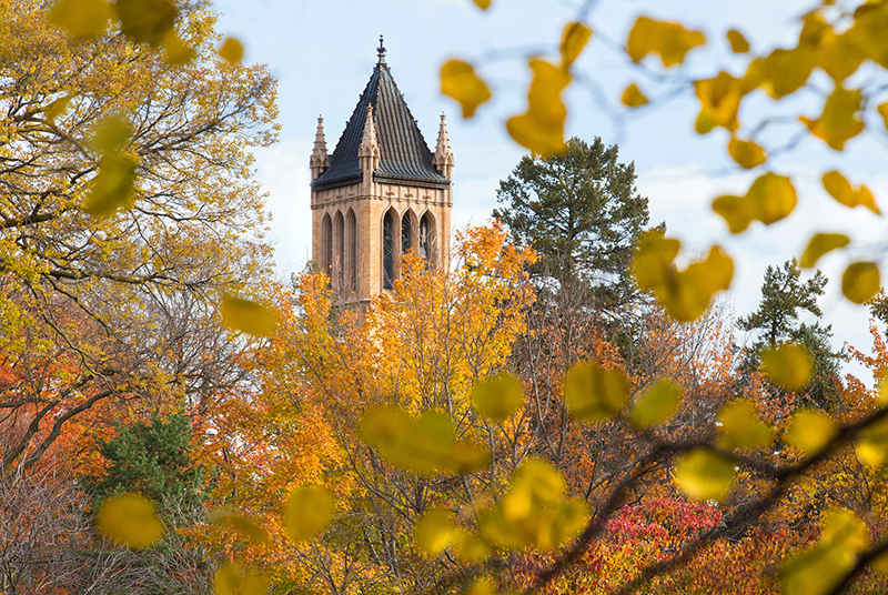 Trees sporting fall colors surround the campanile