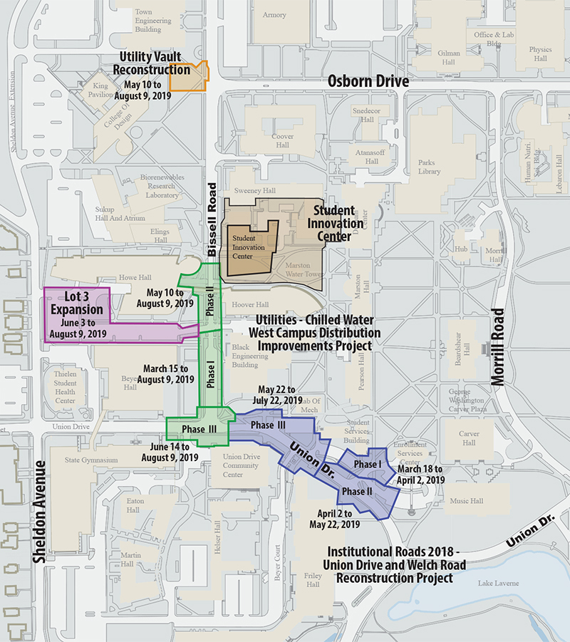 west campus map of phased road projects