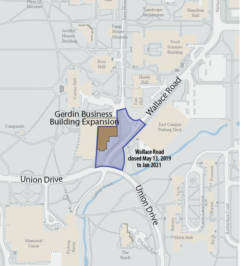 campus map showing closures around Gerdin Building