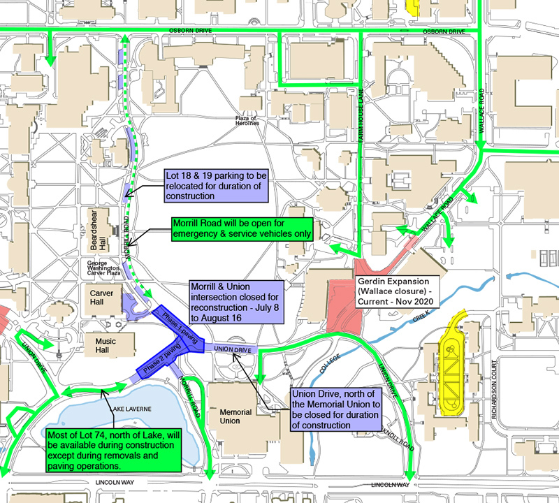 central campus map showing road closures