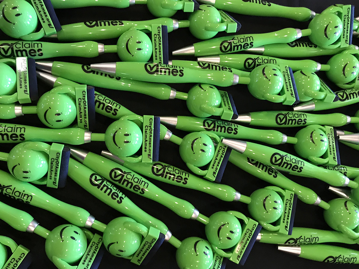 A selection of giveaway pens promoting the census