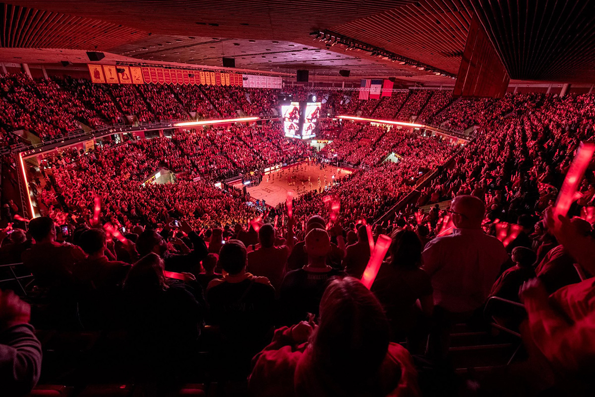 Wide angle view of a full house at an Iowa State basketball game