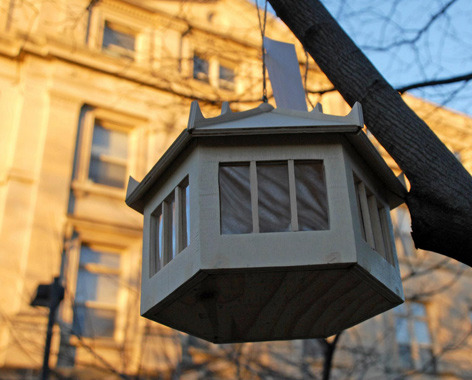 Birdhouse framed by Beardshearl Hall