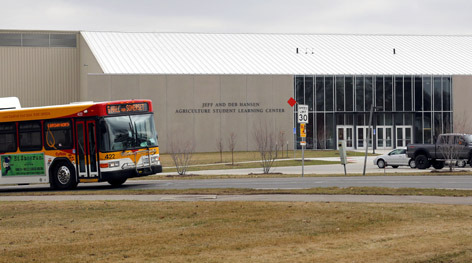 CyRide bus passes in front of Hansen building