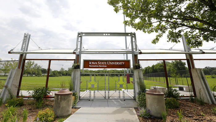 Steel and concrete gated entrance to Lied recreation fields