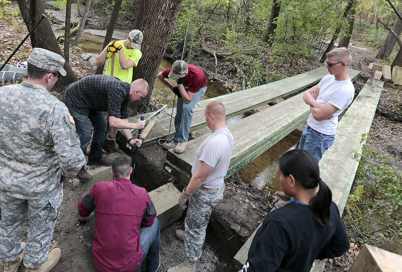 ROTC cadets work on footings for footbridge.