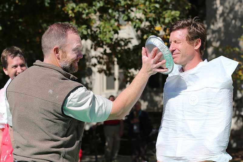 Faculty participate in Pie in the Face fundraiser (before).