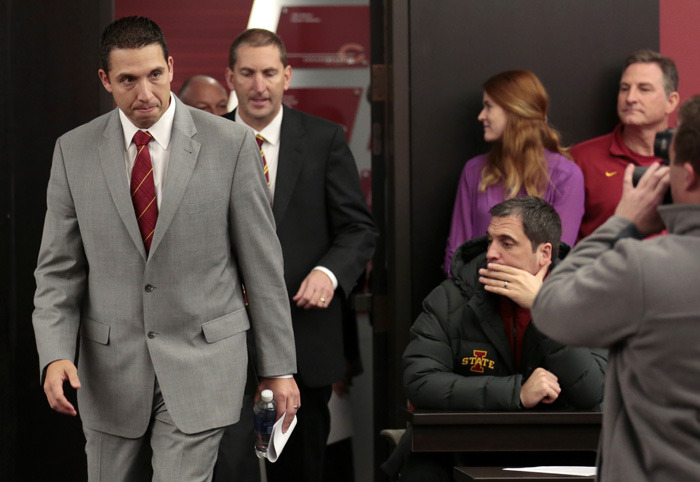 Matt Campbell enters media event room