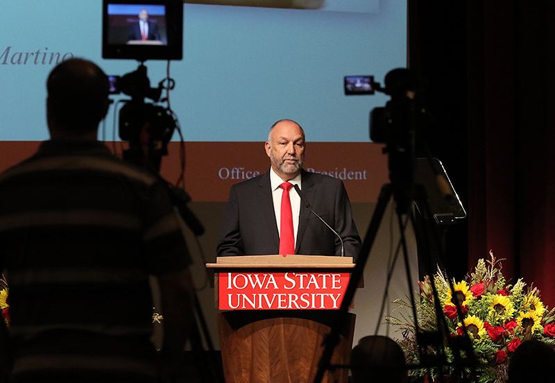 President Steven Leath in front of live cameras.