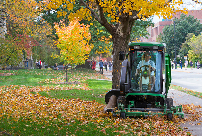 Employee in enclosed lawn tractor vacuums colorful leaves