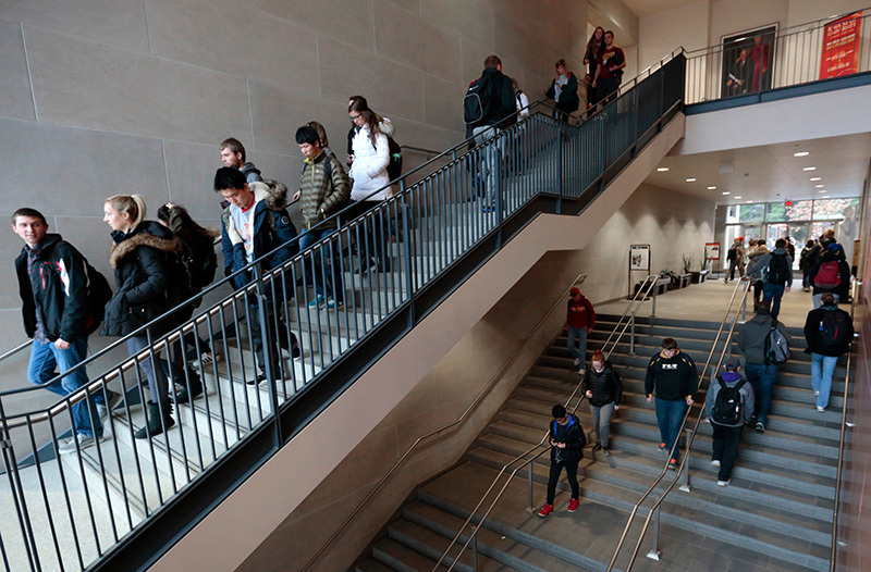 Students on an open staircase in Gerdin hall