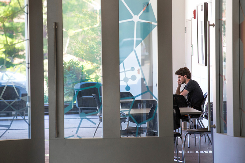 Male student studies in the Hach Hall lounge