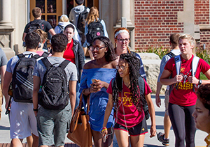 Students approaching Physics Hall