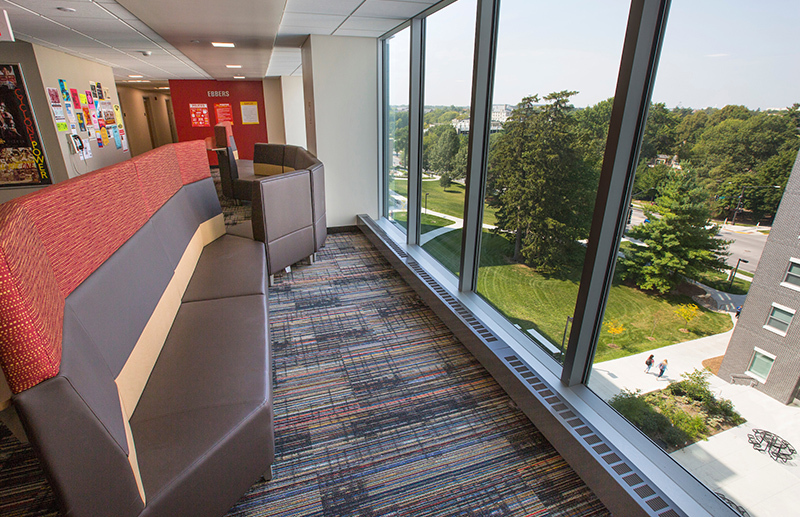 geoffroy hall lounge with floor-to-ceiling windows