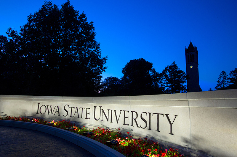 ISU Wall and campanile at night