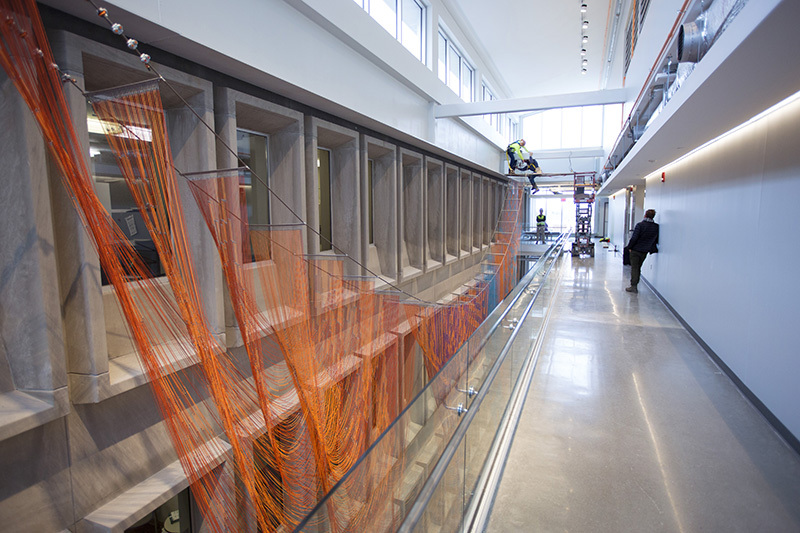 "Y in the Road" sculpture hangs in Bessey atrium