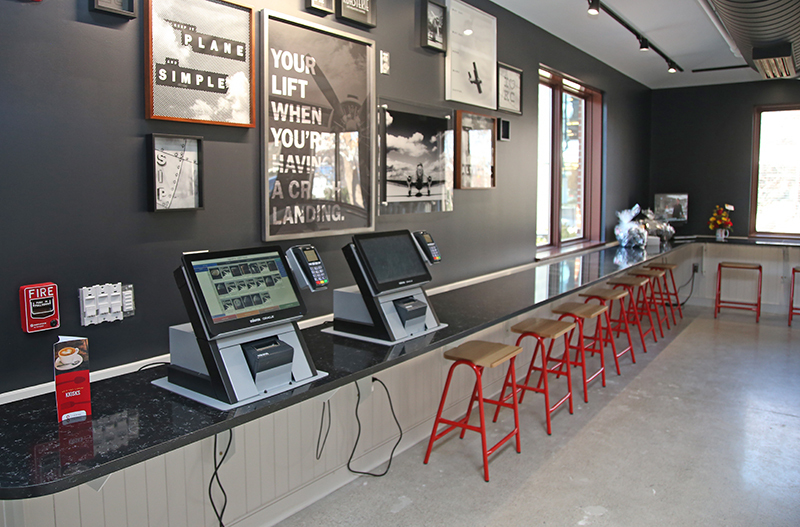 Kiosks and counter seating inside the Hub