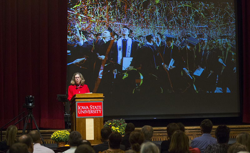 President Wendy Wintersteen at the lectern for her annual addres