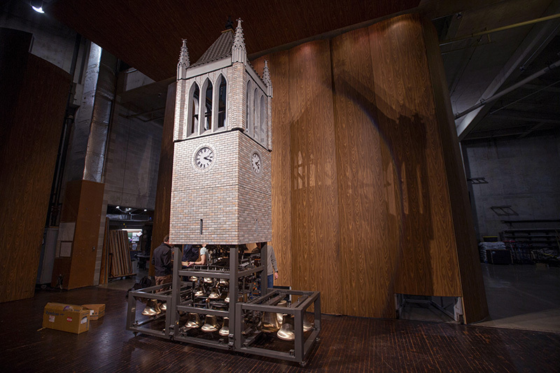 The campanile-carillon model on the Stephens Auditorium stage.