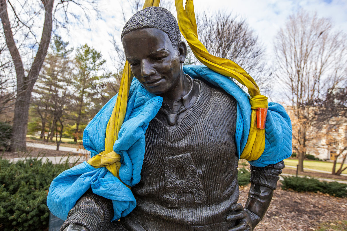 Closeup of the bronze Jack Trice sculpture