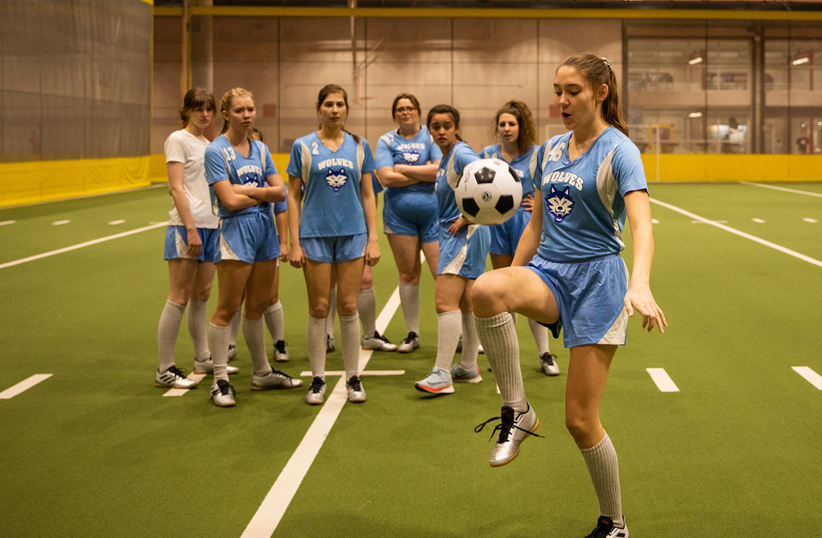 Soccer skills on display during the cast photo session.