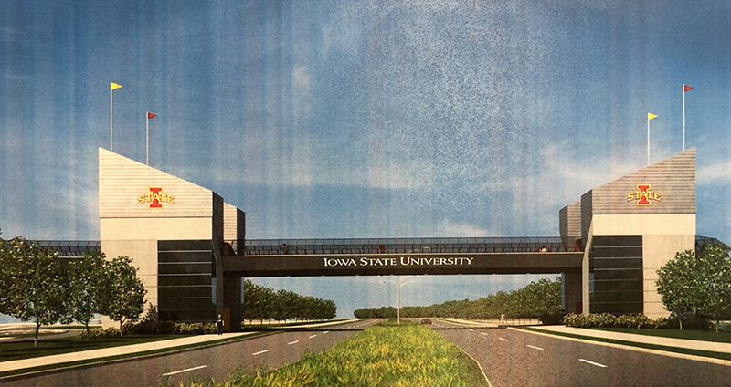 architect's sketch of pedestrian bridge on University Blvd.