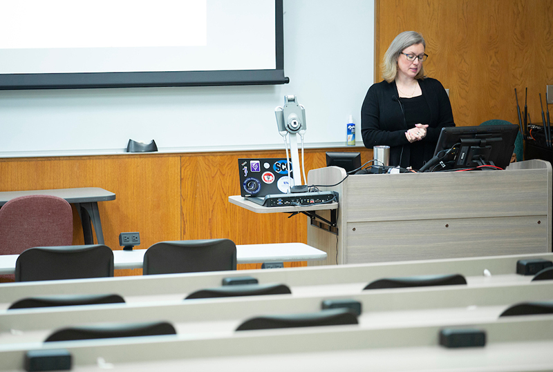 Amanda Fales-Williams lectures in an empty classroom
