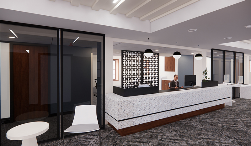 Sketch of reception desk on fourth floor