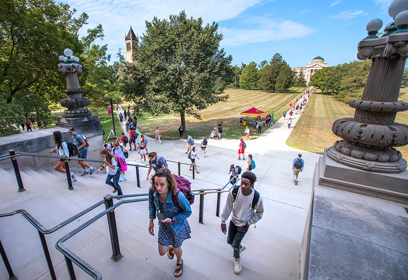 students climb the front steps of Curtiss Hall