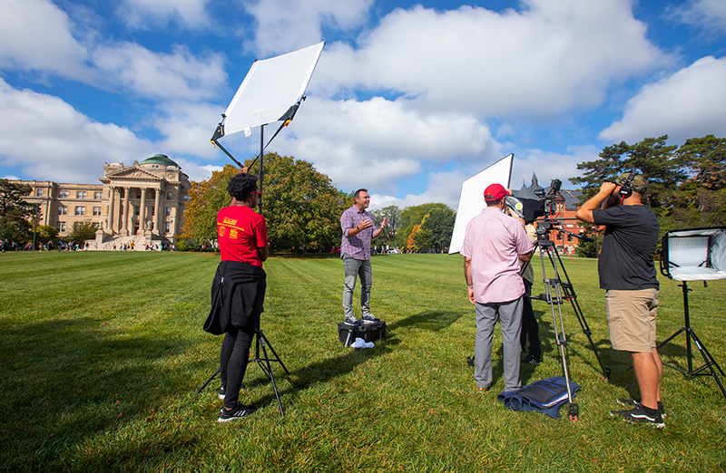 film crew records host on central campus