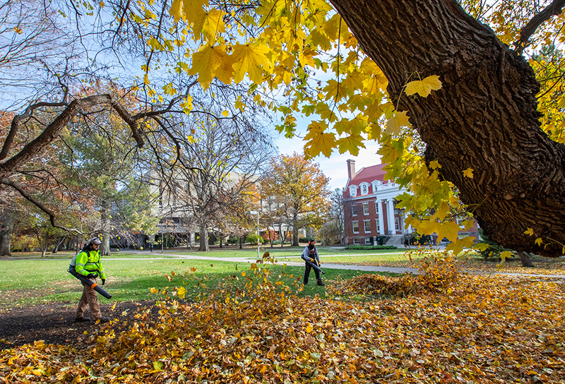 Two groundskeepers blow fallen leaves into a pile