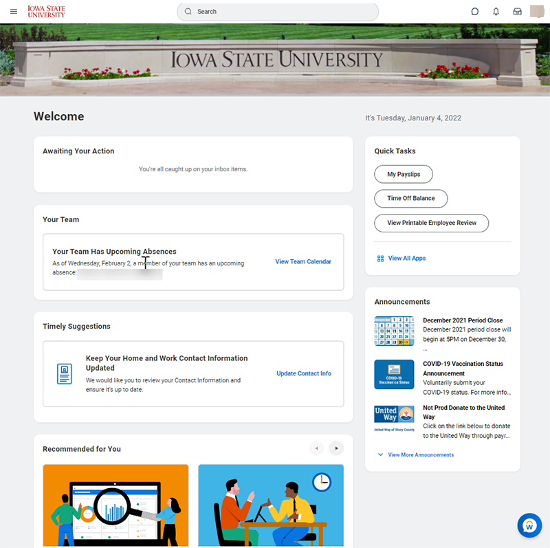 Screen capture of Workday landing page