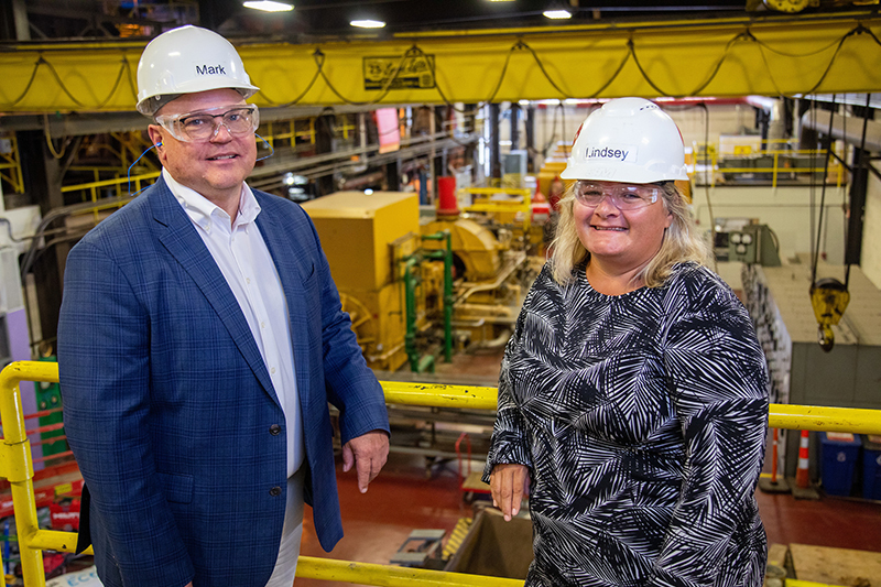 Mark Kruse and Lindsey Wanderscheid inside the power plant