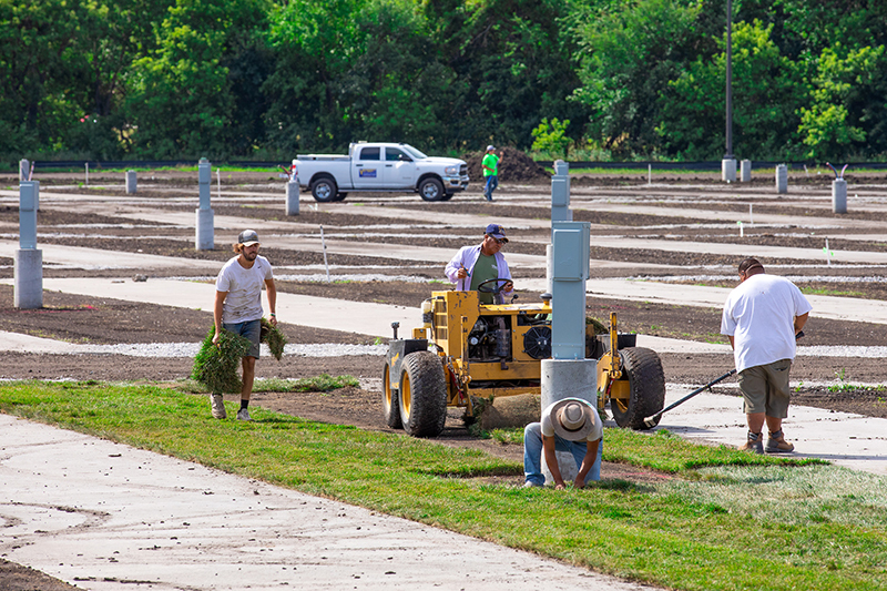 Workers lay sod around RV parking pads
