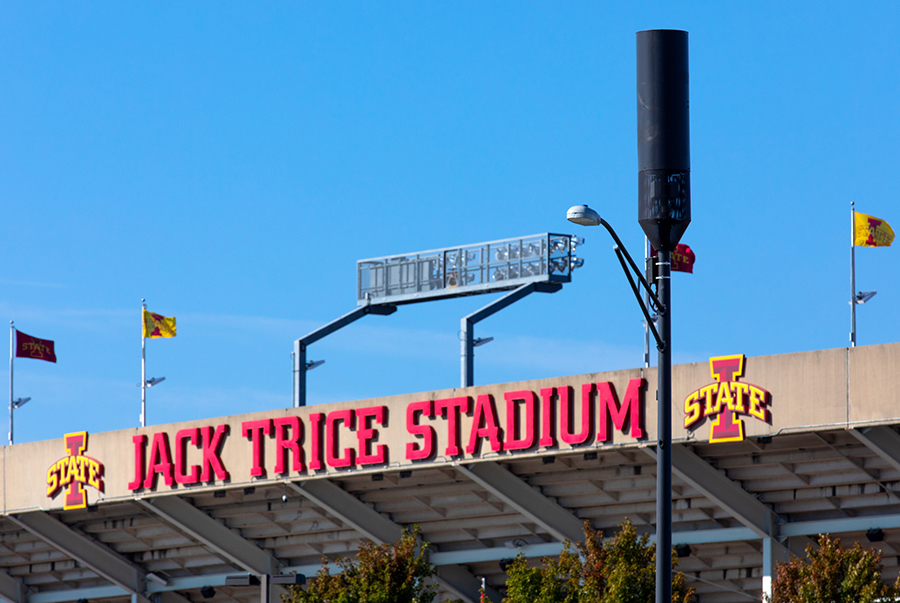 New light pole with cell phone antenna outside stadium