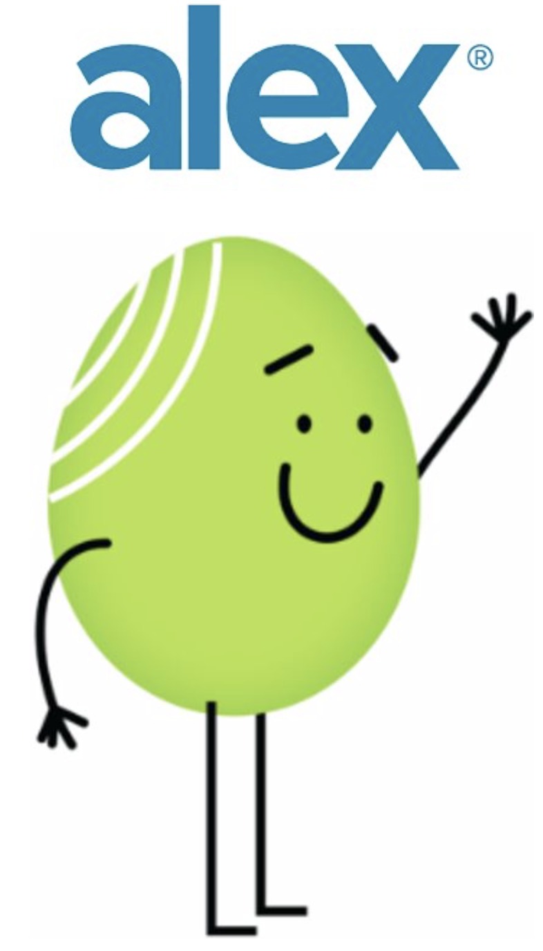 A personified green blob, the mascot for ALEX, smiles and waves.