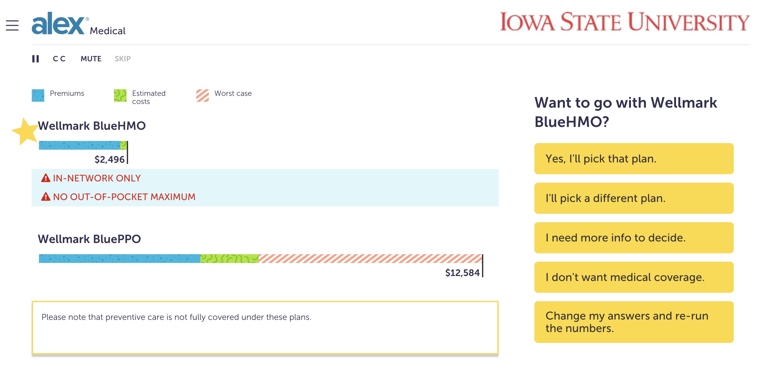 Screen shot from ALEX compares the HMO and PPO health insurance 