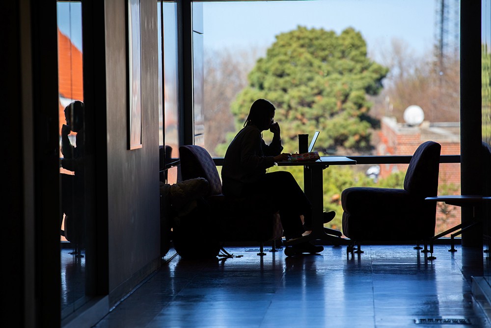 silhouette of female student studying