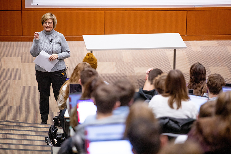 Accounting instructor Anne Clem at the front of the classroom