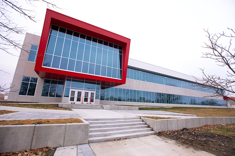 The front doors of the new veterinary diagnostic lab