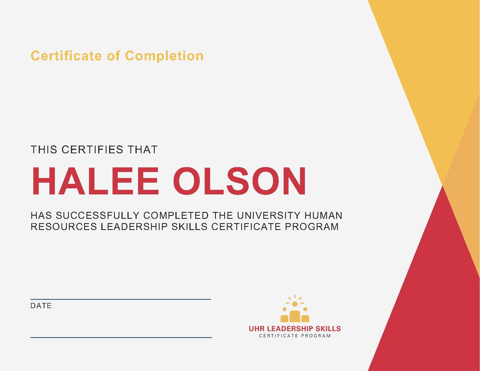 UHR Leadership Skills Certificate Program Sample Certificate