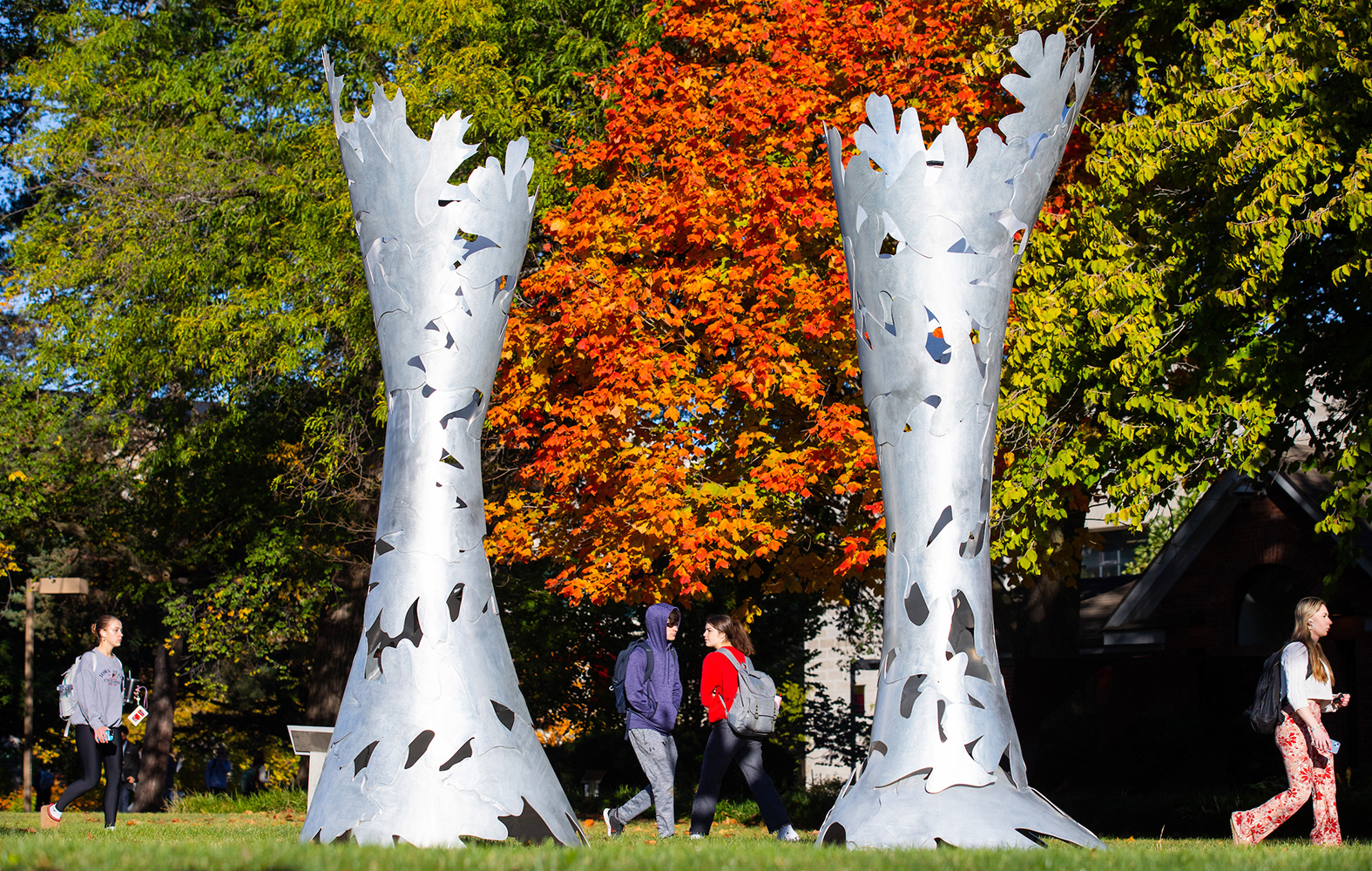 Metal tree sculptures contrast against colorful fall trees