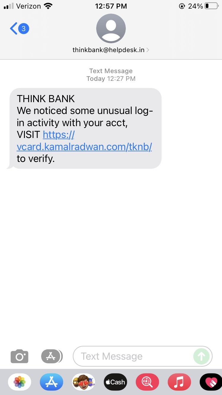 screen capture of scam text message